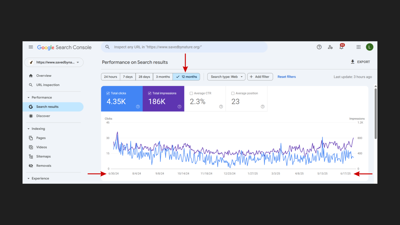 Google Search Console performance overview for savedbynature.org, 12 months June 2024 to June 2025: 4.35K total clicks, 186K total impressions, 2.3% average CTR, and average position 23, with a trend chart showing relatively flat click and impression volume across the period