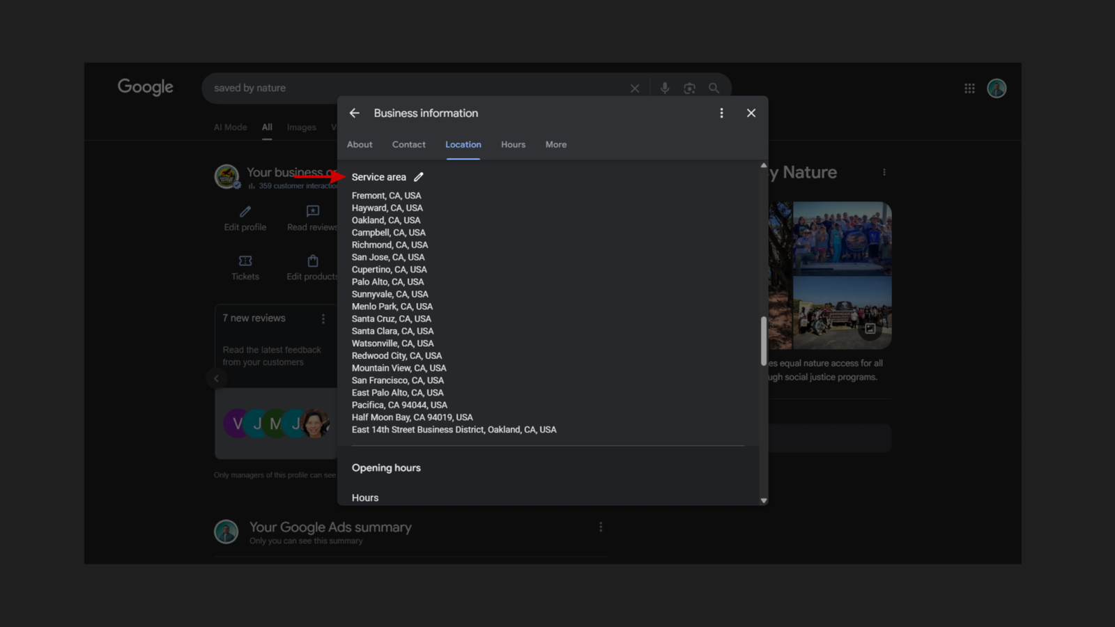 Google Business Profile Business information Location tab for Saved By Nature showing the Service area section with 20 configured locations across the Bay Area: Fremont, Hayward, Oakland, Campbell, Richmond, San Jose, Cupertino, Palo Alto, Sunnyvale, Menlo Park, Santa Cruz, Santa Clara, Watsonville, Redwood City, Mountain View, San Francisco, East Palo Alto, Pacifica, Half Moon Bay, and East 14th Street Business District Oakland, with a red arrow pointing to the Service area label