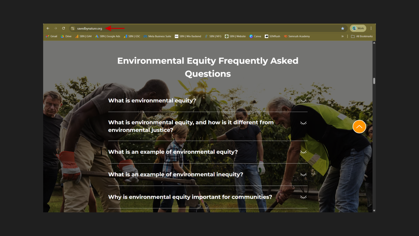 Environmental Equity Frequently Asked Questions section live on the Saved By Nature homepage at savedbynature.org, showing five visible FAQ accordion items: "What is environmental equity?", "What is environmental equity, and how is it different from environmental justice?", "What is an example of environmental equity?", "What is an example of environmental inequity?", and "Why is environmental equity important for communities?" — displayed over a background image of volunteers working outdoors
