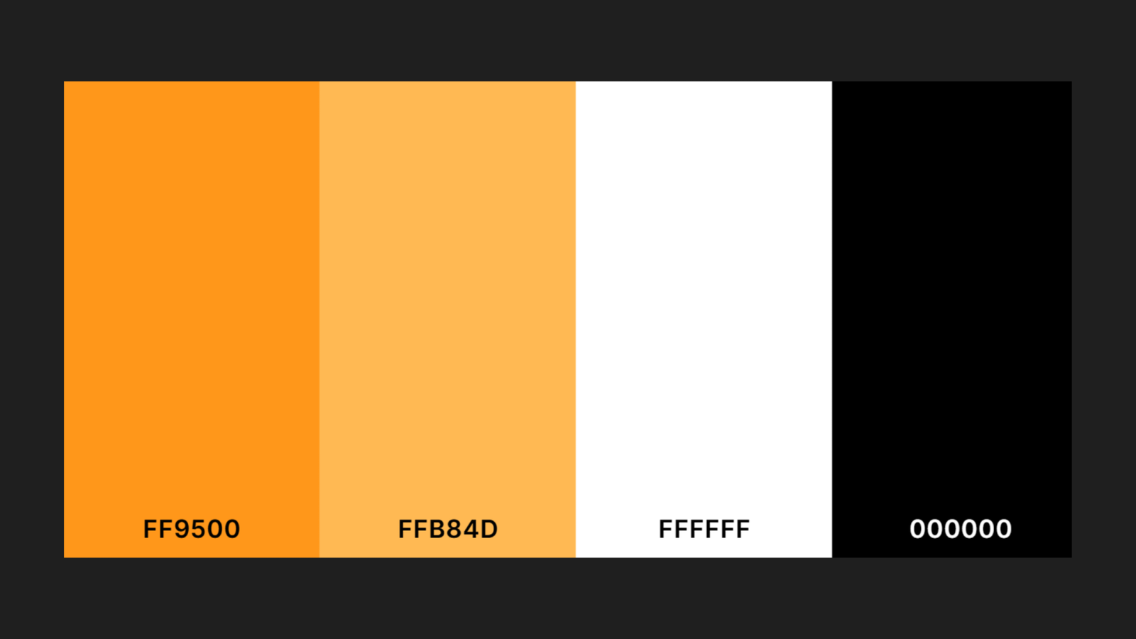 Saved By Nature brand colour palette showing four swatches: FF9500 (deep orange), FFB84D (light orange), FFFFFF (white), and 000000 (black), implemented consistently across the rebuilt website and all marketing materials
