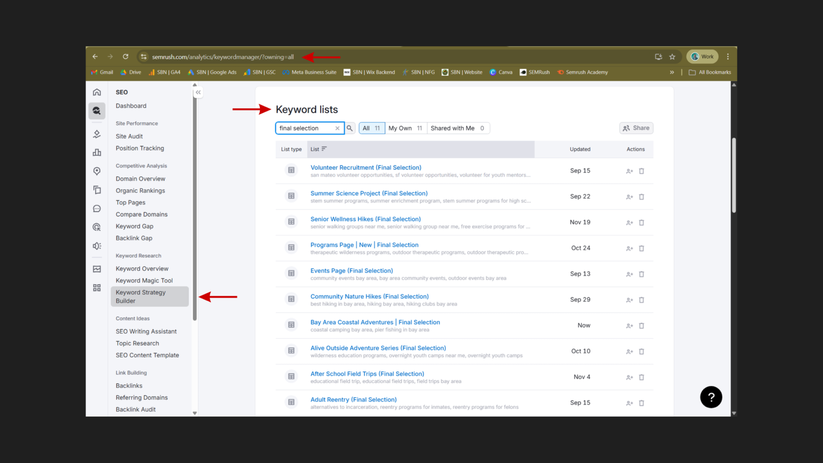 SEMrush Keyword Strategy Builder for savedbynature.org filtered by "final selection" showing 11 keyword lists — Volunteer Recruitment, Summer Science Project, Senior Wellness Hikes, Programs Page, Events Page, Community Nature Hikes, Bay Area Coastal Adventures, Alive Outside Adventure Series, After School Field Trips, and Adult Reentry — each with sample keywords visible, with a red arrow pointing to the Keyword Strategy Builder tool in the left navigation