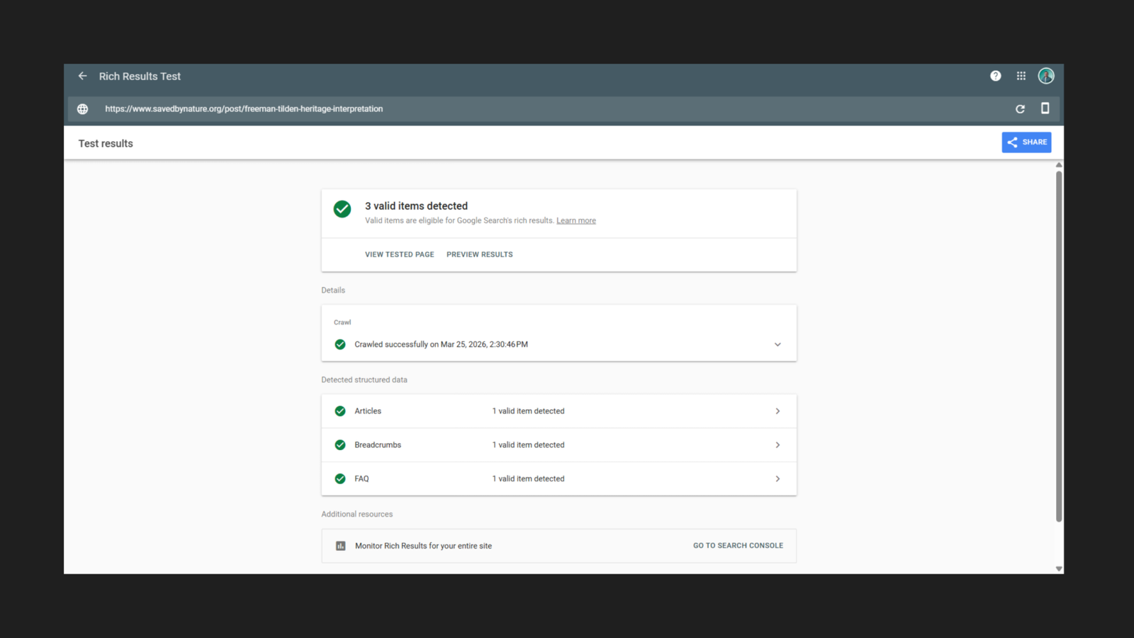 Google Rich Results Test results for savedbynature.org/post/freeman-tilden-heritage-interpretation showing 3 valid items detected with no errors — Articles 1 valid item, Breadcrumbs 1 valid item, and FAQ 1 valid item, crawled successfully on March 25, 2026