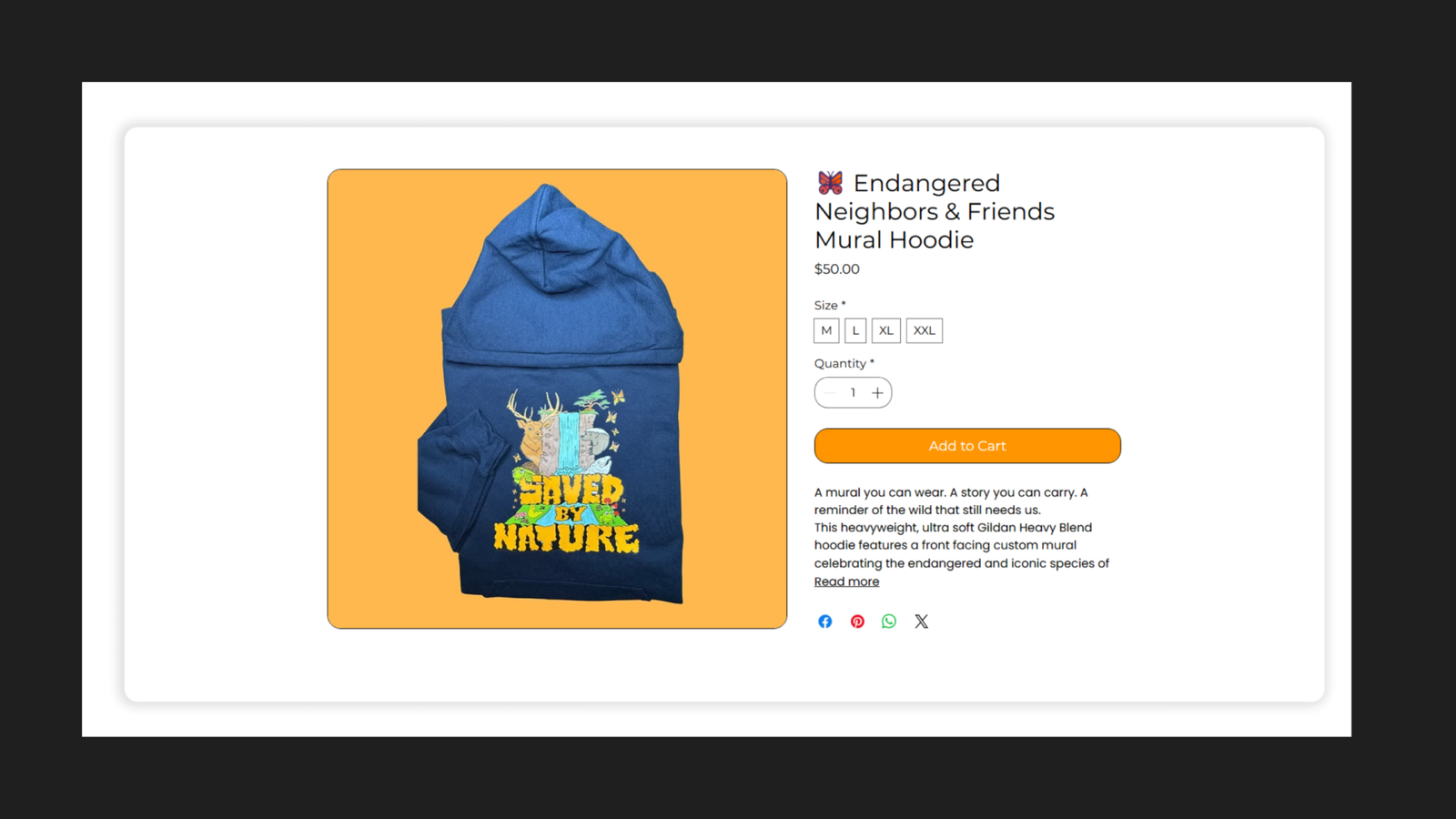Saved By Nature individual product page for the Endangered Neighbors and Friends Mural Hoodie showing the product image on an orange background, price of $50.00, size selector with M, L, XL, and XXL options, quantity selector, orange Add to Cart button, and product description
