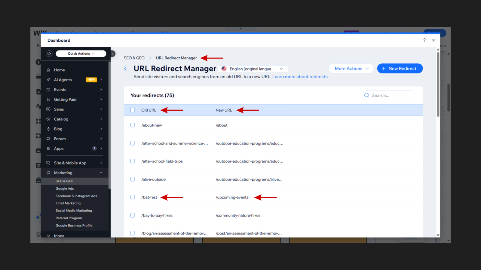 Wix URL Redirect Manager for savedbynature.org showing 75 active redirects with a list of old URLs mapped to new URLs, including /bat-fest redirecting to /upcoming-events highlighted with red arrows, alongside other redirects such as /about-new to /about, /after-school-field-trips to /outdoor-education-programs/educ, and /alive-outside to /outdoor-education-programs/alive