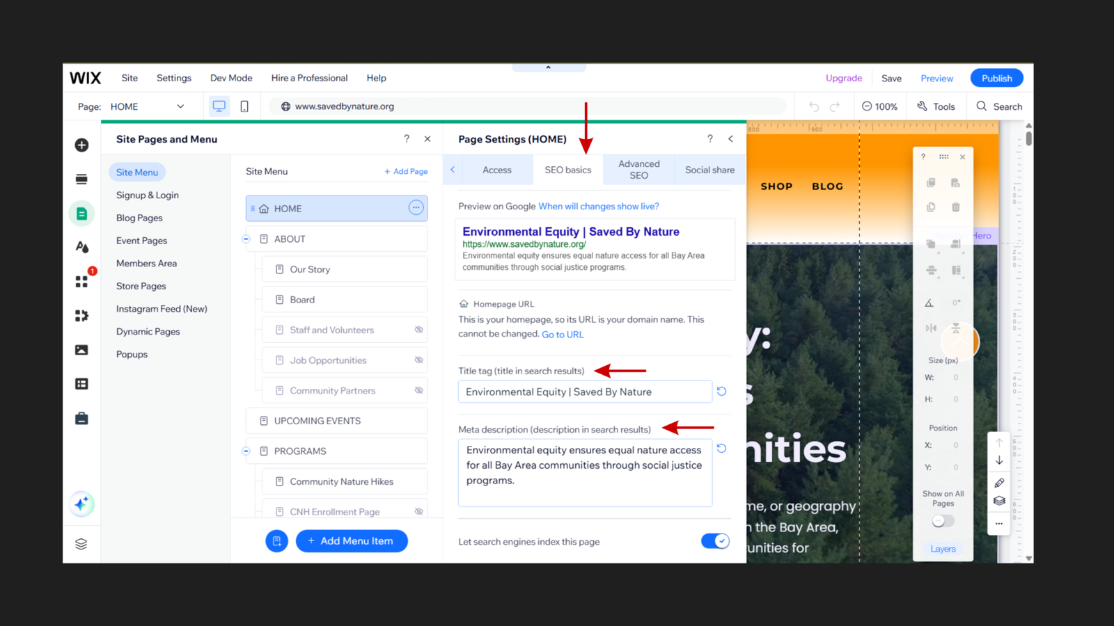 Wix Page Settings SEO basics panel for the Saved By Nature homepage showing a Google search preview with title "Environmental Equity | Saved By Nature" and meta description "Environmental equity ensures equal nature access for all Bay Area communities through social justice programs", with red arrows pointing to the title tag field reading "Environmental Equity | Saved By Nature" and the meta description field below it