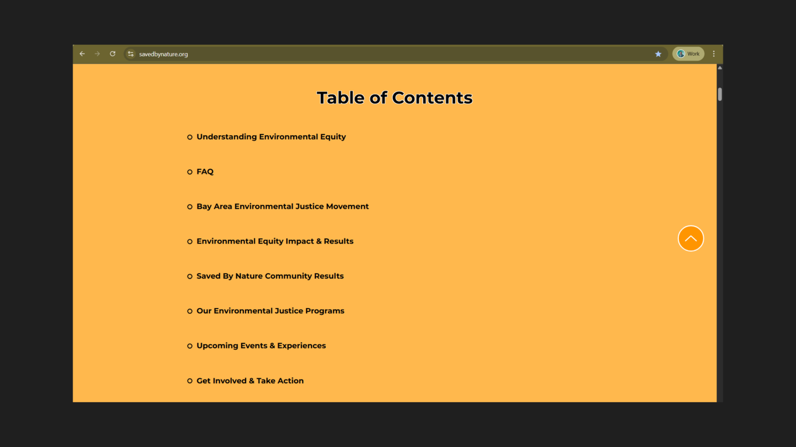 Saved By Nature rebuilt homepage Table of Contents section displayed on an orange background, listing eight jump-link sections: Understanding Environmental Equity, FAQ, Bay Area Environmental Justice Movement, Environmental Equity Impact & Results, Saved By Nature Community Results, Our Environmental Justice Programs, Upcoming Events & Experiences, and Get Involved & Take Action