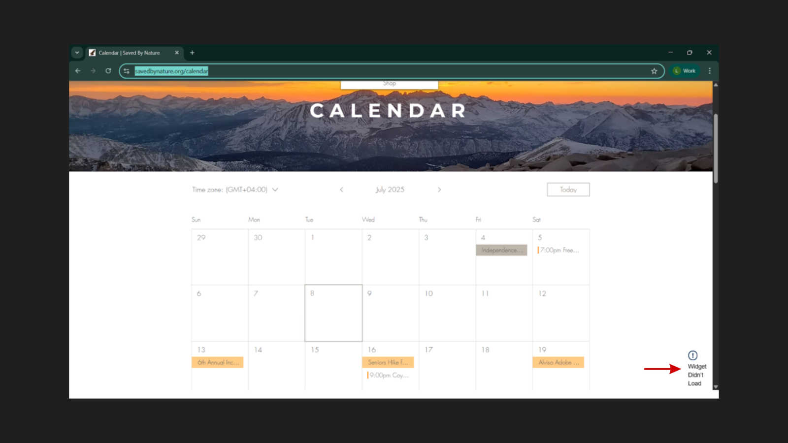 Screenshot of savedbynature.org/calendar showing a functional monthly calendar for July 2025 with real populated events: Independence Day on July 4, a 7:00pm event on July 5, 6th Annual Inclusive Nature Hike on July 13, Seniors Hike on July 16 with a 9:00pm Coyote entry, and Alviso Adobe on July 19. A mountain landscape hero image with "CALENDAR" heading sits above the grid. The partial "Shop" label is visible at the top edge of the screen, indicating the page was accessed via the WHAT'S NEW dropdown. Widget Didn't Load error visible in the right sidebar.