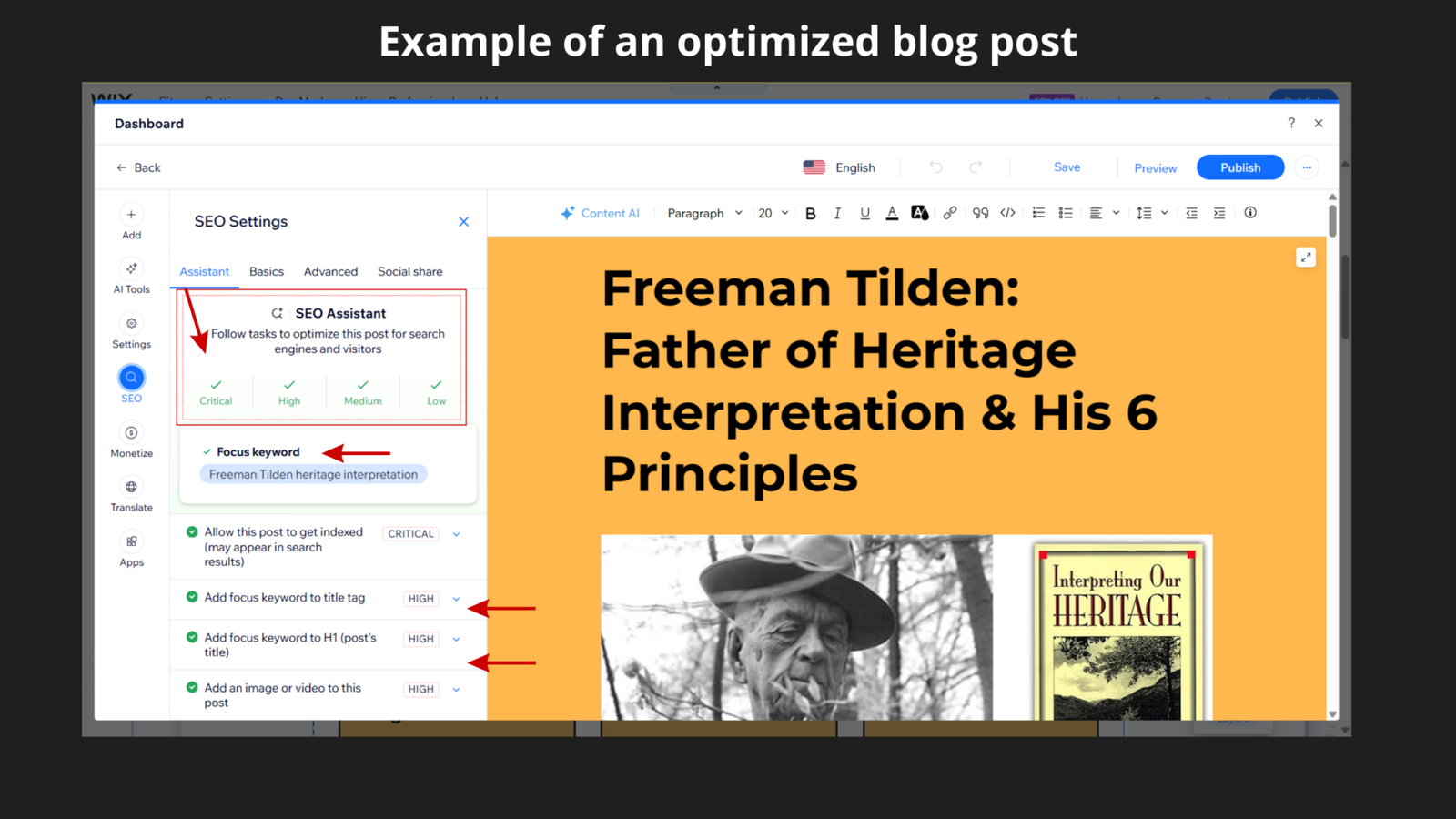 Wix SEO Assistant panel for the Freeman Tilden blog post on savedbynature.org showing all four priority tiers — Critical, High, Medium, and Low — fully completed with green checkmarks, and focus keyword "Freeman Tilden heritage interpretation" assigned and saved