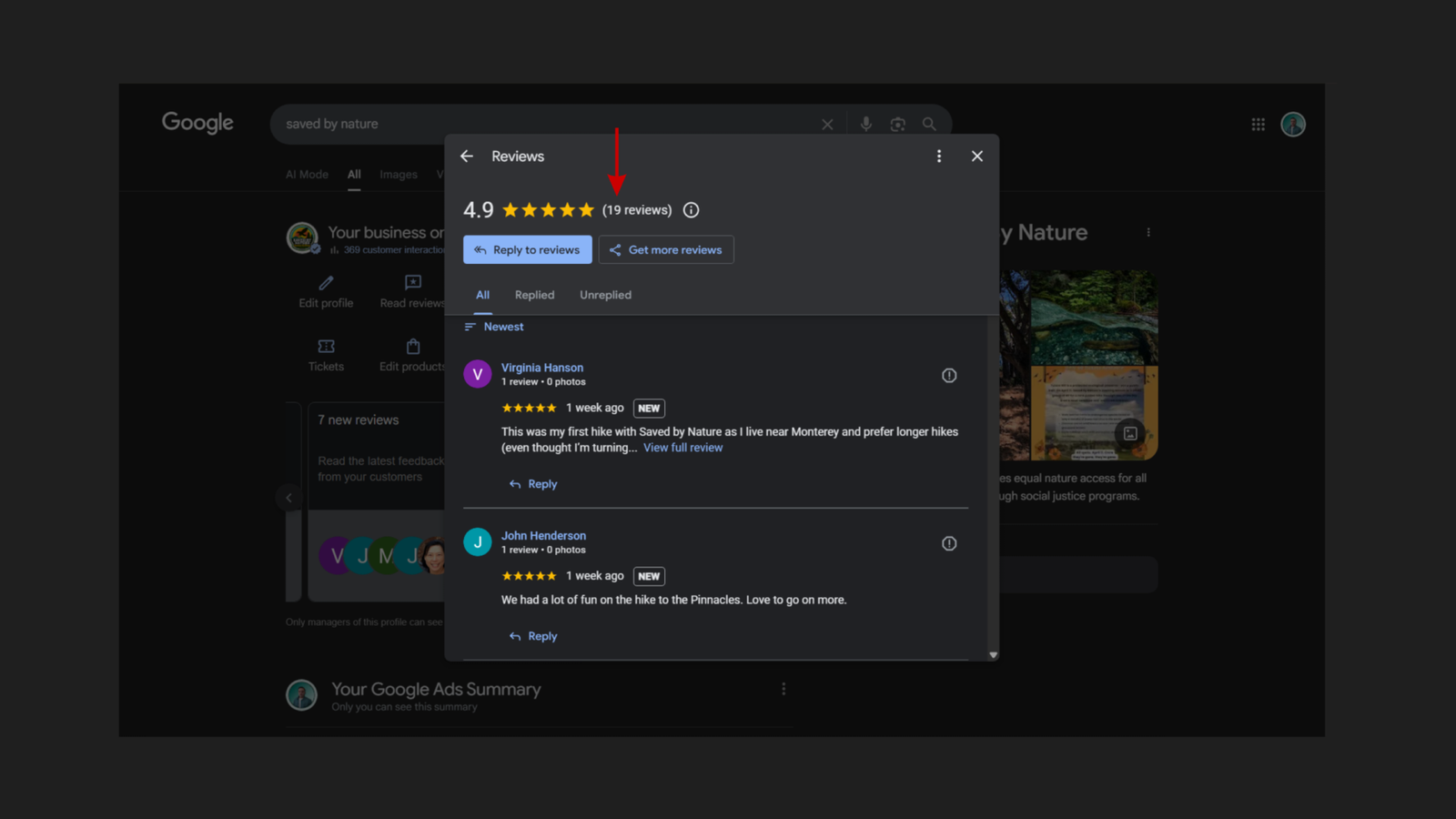 Google Business Profile Reviews panel for Saved By Nature showing 4.9-star average rating from 19 reviews with a red arrow pointing to the rating, two most recent 5-star reviews both marked as NEW: Virginia Hanson posted one week ago writing about her first hike with Saved By Nature near Monterey, and John Henderson posted one week ago writing about having a lot of fun on the hike to the Pinnacles