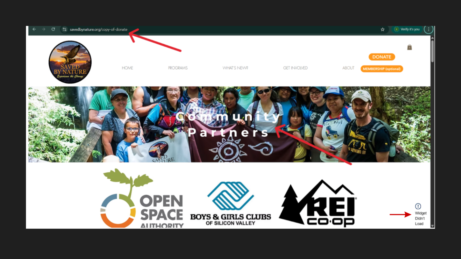 Screenshot of savedbynature.org/copy-of-donate displaying the Community Partners page — showing a hero image of SBN participants on a group hike with "Community Partners" text overlay, and partner logos for Open Space Authority, Boys & Girls Clubs of Silicon Valley, and REI Co-op below. Two red arrow annotations point to the URL bar and to the page title, highlighting the mismatch between the URL (which describes a donation page duplicate) and the content being served. Widget Didn't Load error visible in the right sidebar.