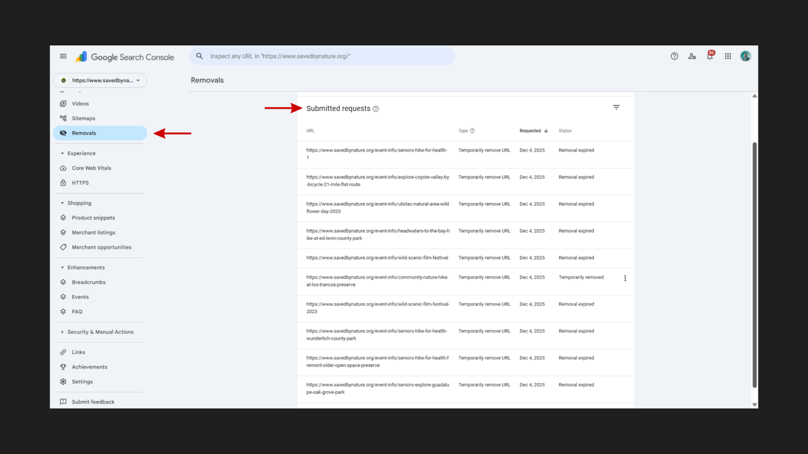 Google Search Console Removals panel for savedbynature.org showing the Submitted requests section with ten visible outdated event page URLs submitted for temporary removal on December 4, 2025 — including seniors-hike-for-health, explore-coyote-valley, ulistac-natural-area, headwaters-to-the-bay, wild-scenic-film-festival, community-nature-hike-at-los-trancos-preserve, and others — with red arrows pointing to the Removals heading and Submitted requests section