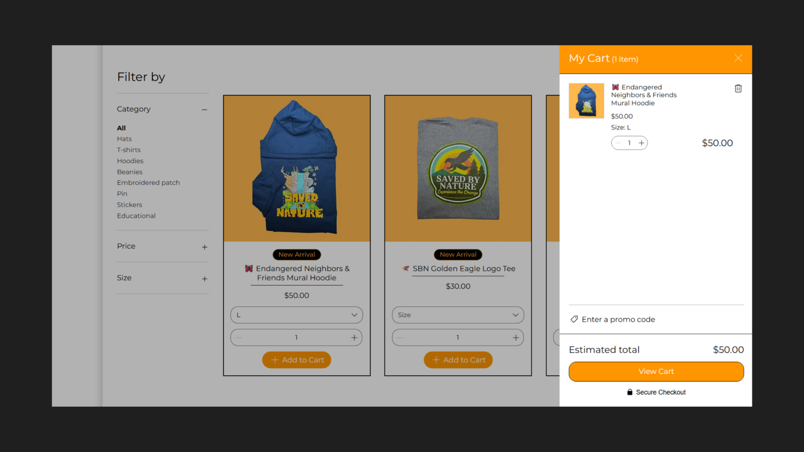 Saved By Nature shop page with the side cart panel open showing one item — the Endangered Neighbors and Friends Mural Hoodie in size L at $50.00 — with a quantity adjuster, promo code field, estimated total of $50.00, and orange View Cart button with Secure Checkout indicator