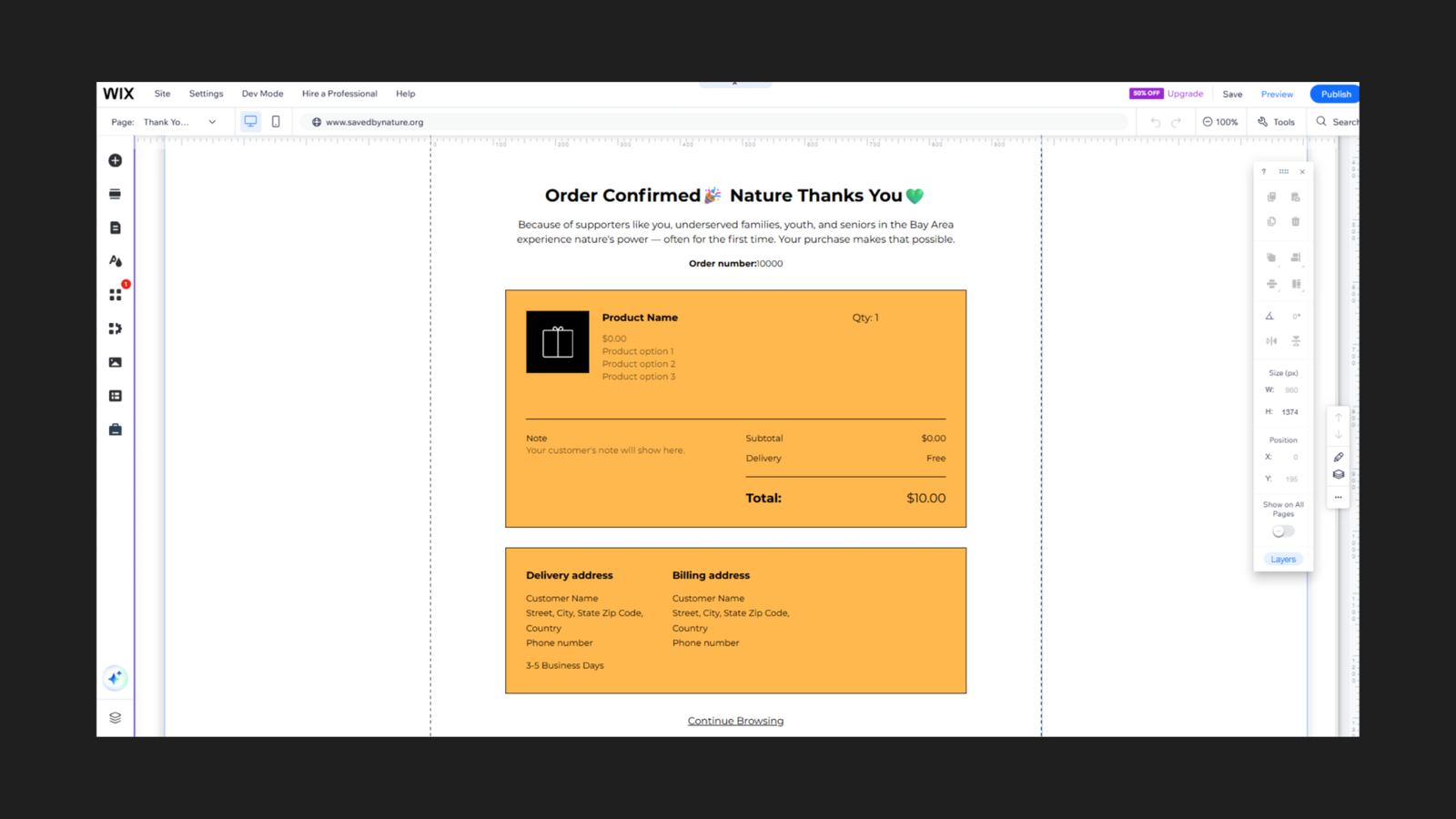 Wix editor view of the Saved By Nature post-purchase thank you page showing the headline "Order Confirmed, Nature Thanks You" with the subheading "Because of supporters like you, underserved families, youth, and seniors in the Bay Area experience nature's power — often for the first time. Your purchase makes that possible", followed by an order summary template and delivery and billing address fields, all styled in the brand orange colour