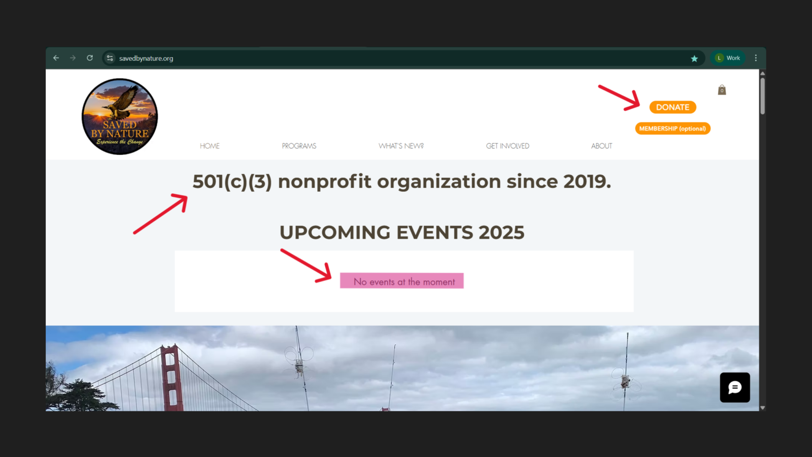 Saved By Nature homepage before rebuild, June 2025: Donate button as primary CTA, "501(c)(3) nonprofit since 2019" as sole headline, and "No events at the moment" as the first content element visible to visitors