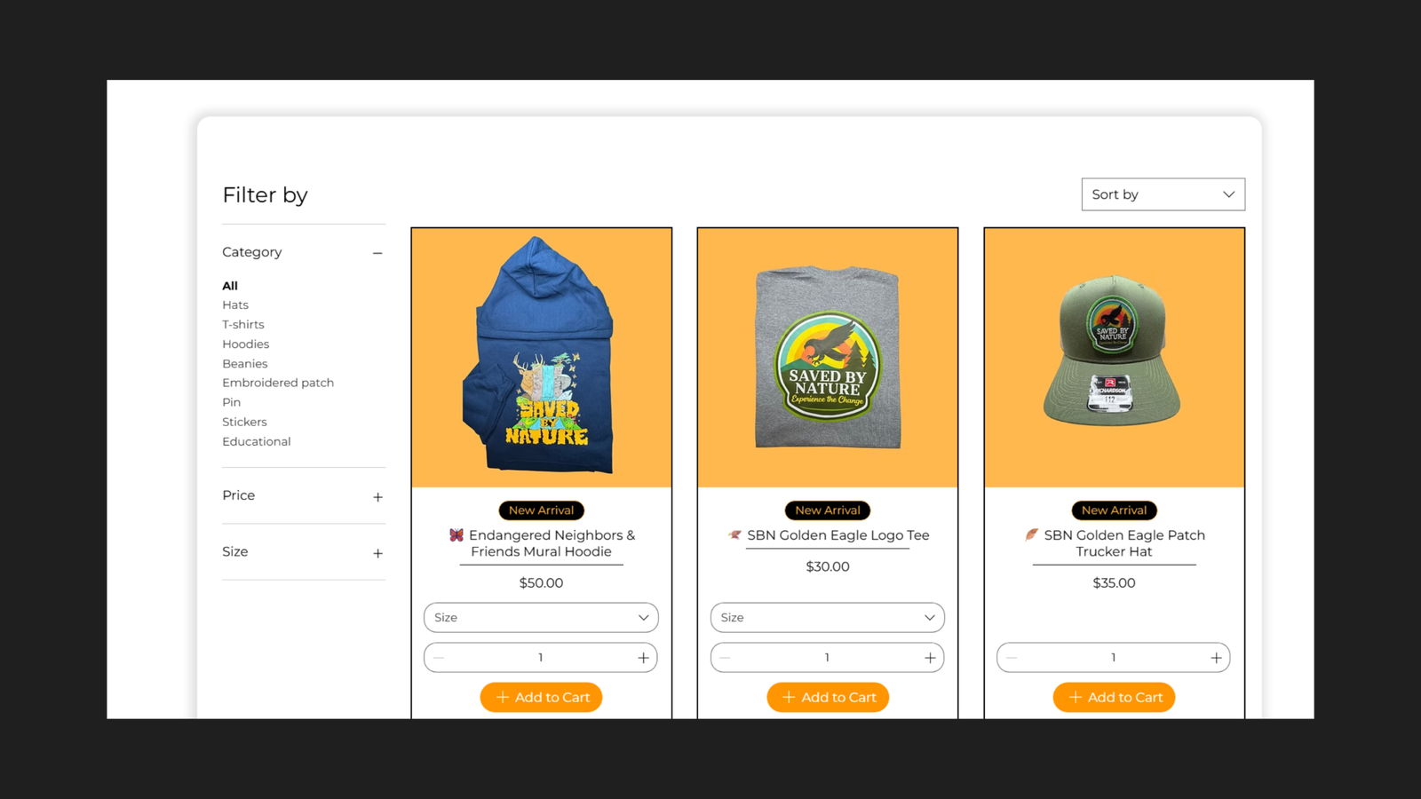 Saved By Nature shop product gallery on savedbynature.org showing the Filter by panel with eight product categories — All, Hats, T-shirts, Hoodies, Beanies, Embroidered patch, Pin, Stickers, Educational — alongside Price and Size filter options, with three New Arrival products displayed on orange backgrounds each showing a size selector and quantity field with Add to Cart button
